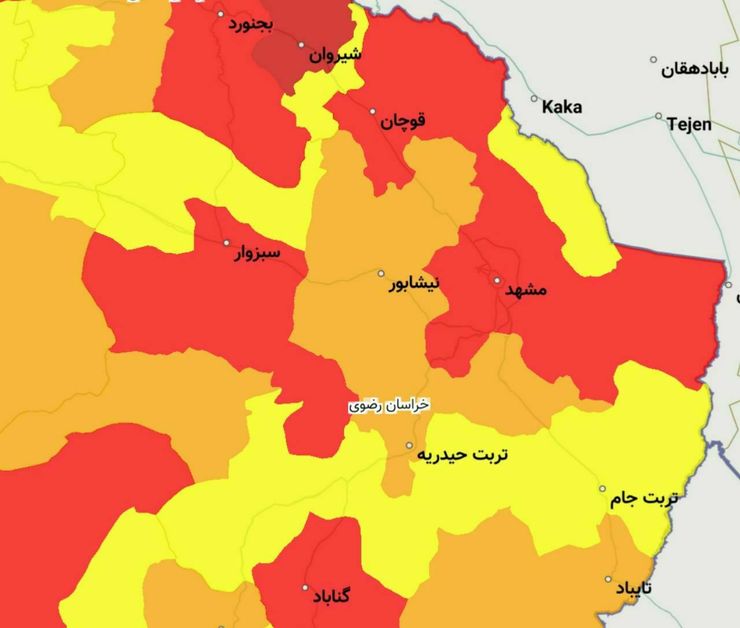 قرار گرفتن ۸ شهرستان خراسان رضوی در وضعیت قرمز کرونایی